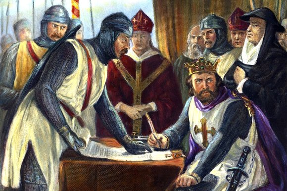 Illustration of King John sealing Magna Carta at Runnymede